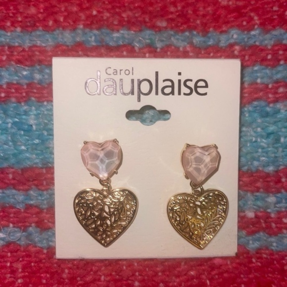 Carol Dauplaise heart earrings, Pink stone